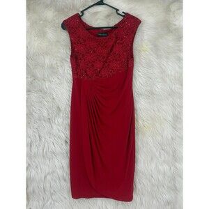 Connected Apparel Red Sequin Lace Cocktail Dress Midi Sheath “Working Girl” sz 8